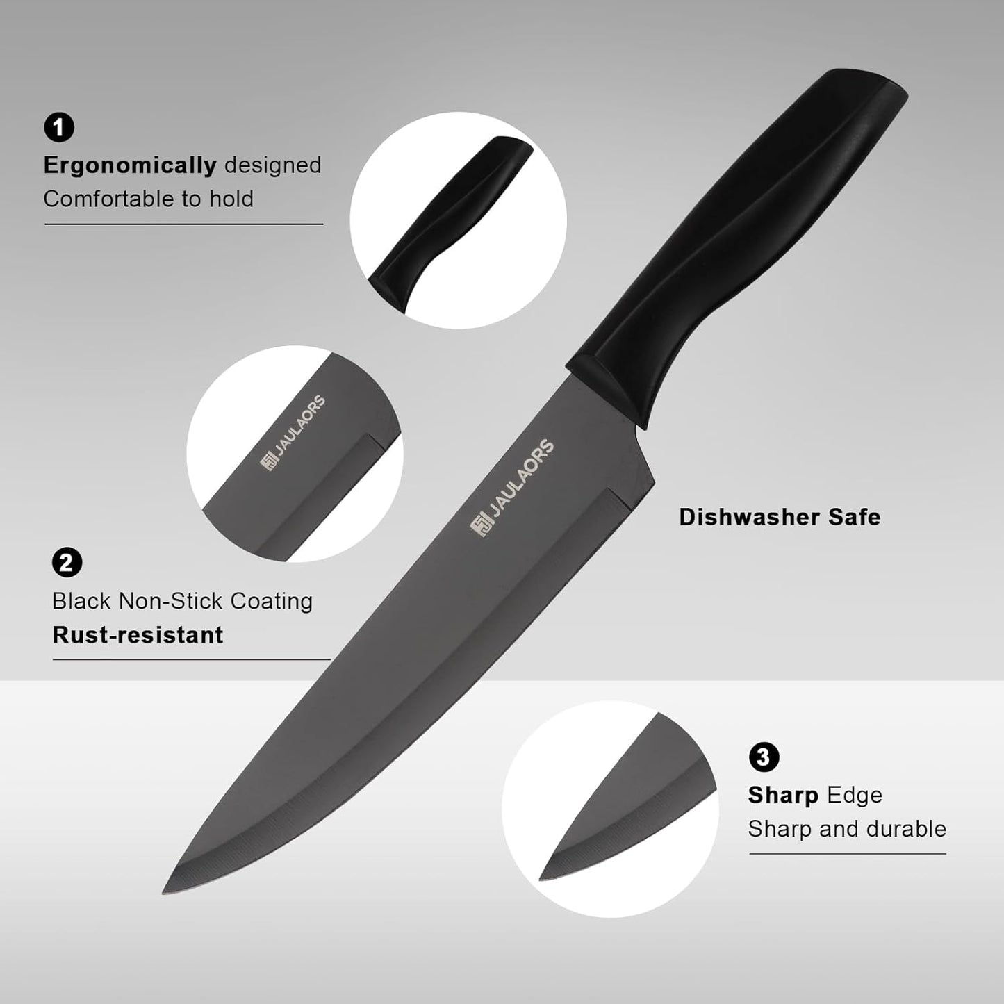 Knife set, 9 Pieces Knives Set for Kitchen with Block and Sharpener, Stainless Steel Dishwasher Safe Knives Set for Kitchen Home Use, Black