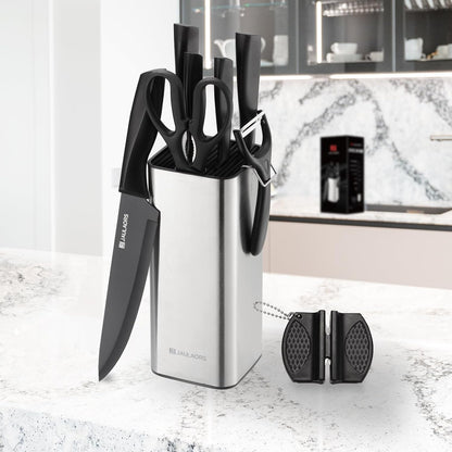 Knife set, 9 Pieces Knives Set for Kitchen with Block and Sharpener, Stainless Steel Dishwasher Safe Knives Set for Kitchen Home Use, Black