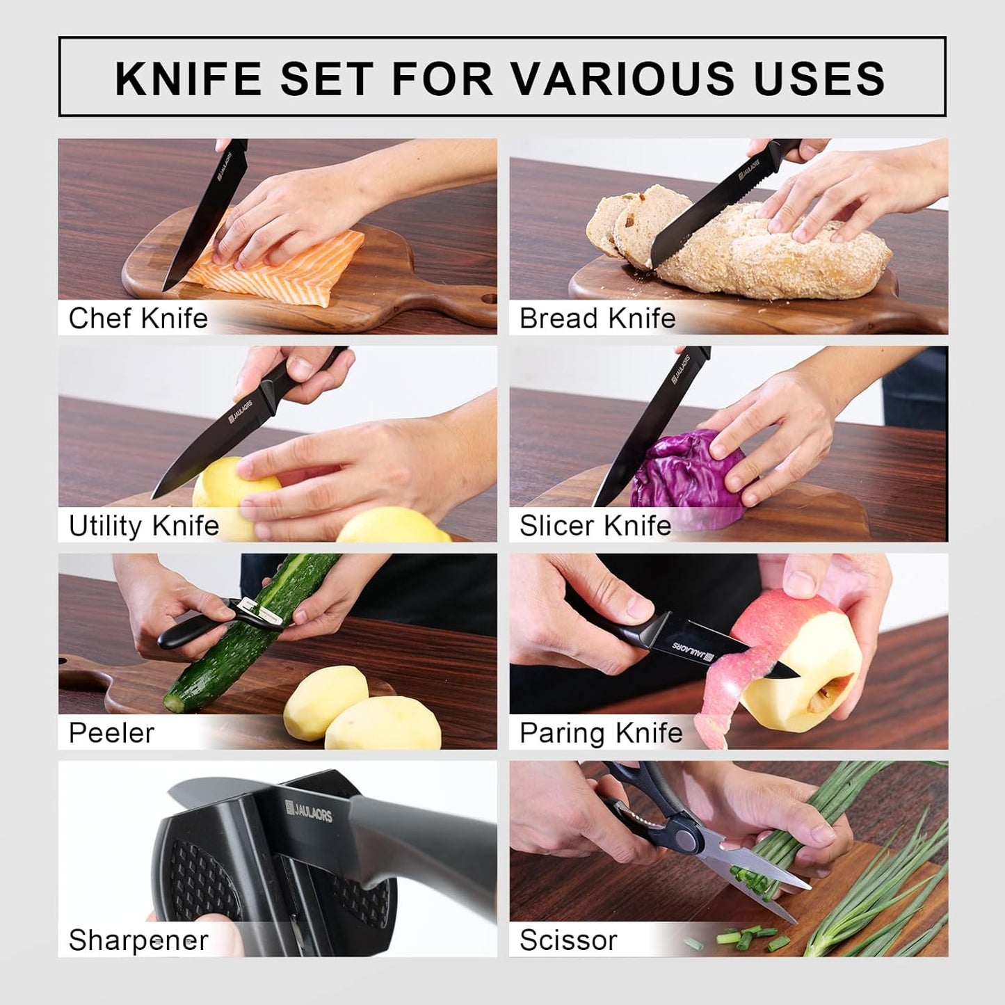 Knife set, 9 Pieces Knives Set for Kitchen with Block and Sharpener, Stainless Steel Dishwasher Safe Knives Set for Kitchen Home Use, Black