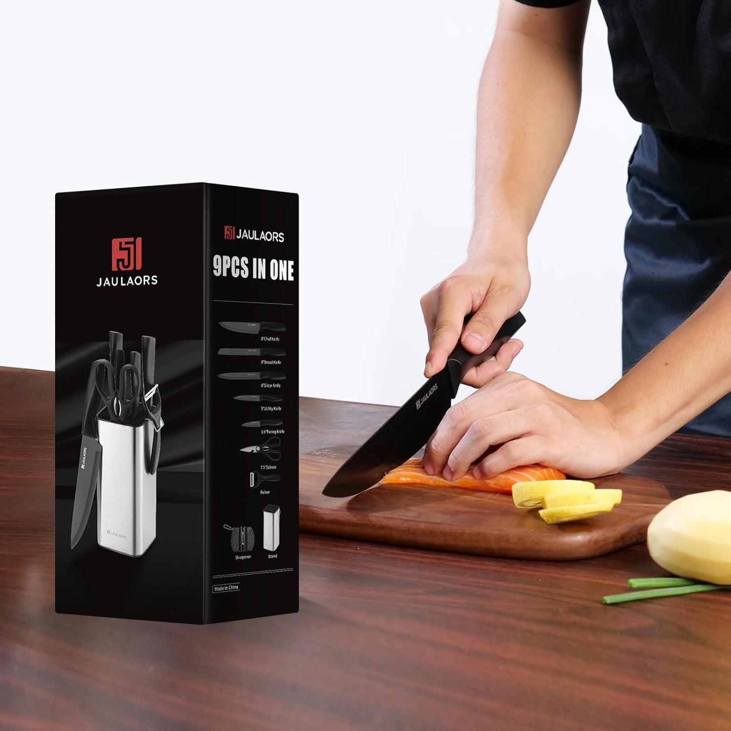 Knife set, 9 Pieces Knives Set for Kitchen with Block and Sharpener, Stainless Steel Dishwasher Safe Knives Set for Kitchen Home Use, Black