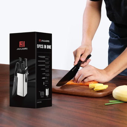 Knife set, 9 Pieces Knives Set for Kitchen with Block and Sharpener, Stainless Steel Dishwasher Safe Knives Set for Kitchen Home Use, Black