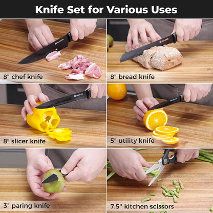 Knife set, 9 Pieces Knives Set for Kitchen with Block and Sharpener, Stainless Steel Dishwasher Safe Knives Set for Kitchen Home Use, Black