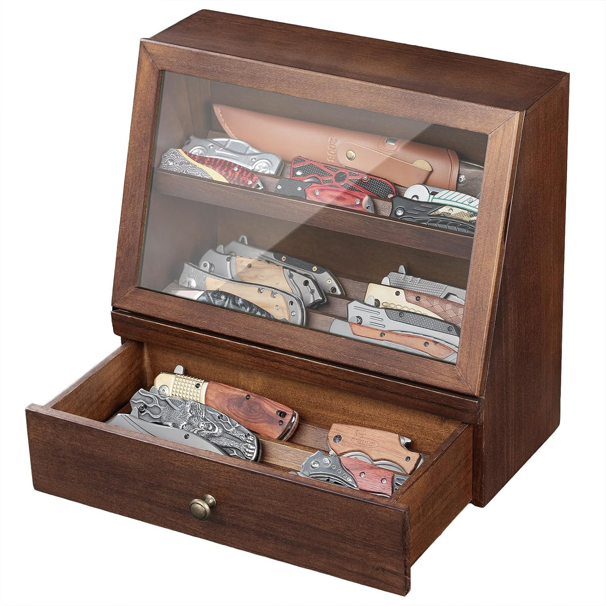 Pocket Knife Display Case for 22–30 Folding Knives, Drawer with Removable Display Shelf, Knife Organizer Storage Box, Gift for Men