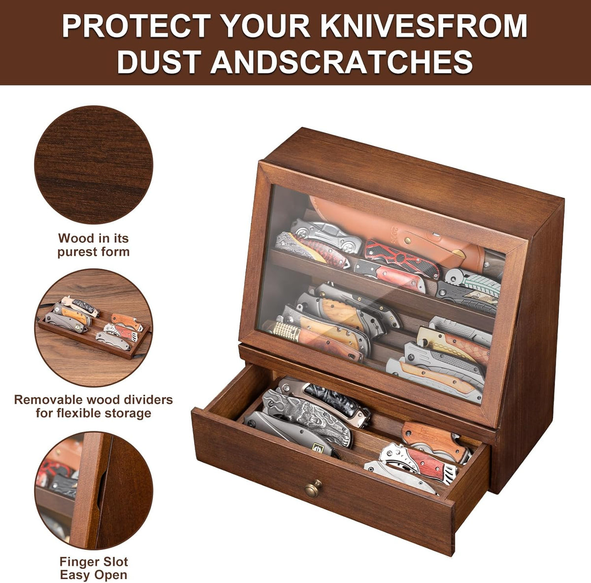 Pocket Knife Display Case for 22–30 Folding Knives, Drawer with Removable Display Shelf, Knife Organizer Storage Box, Gift for Men