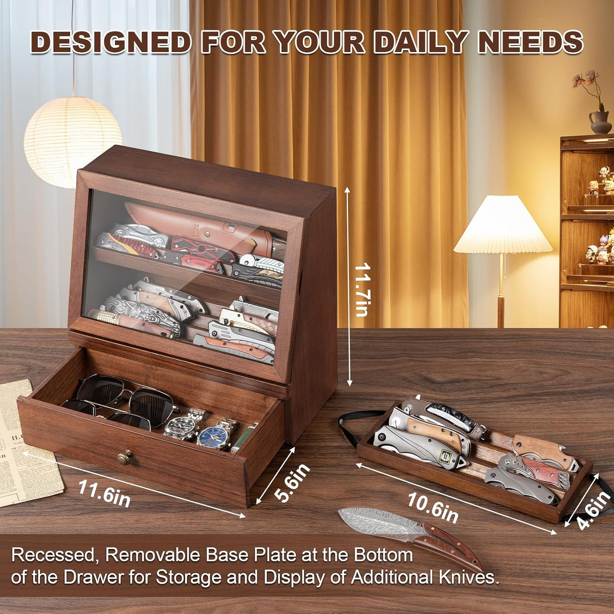 Pocket Knife Display Case for 22–30 Folding Knives, Drawer with Removable Display Shelf, Knife Organizer Storage Box, Gift for Men