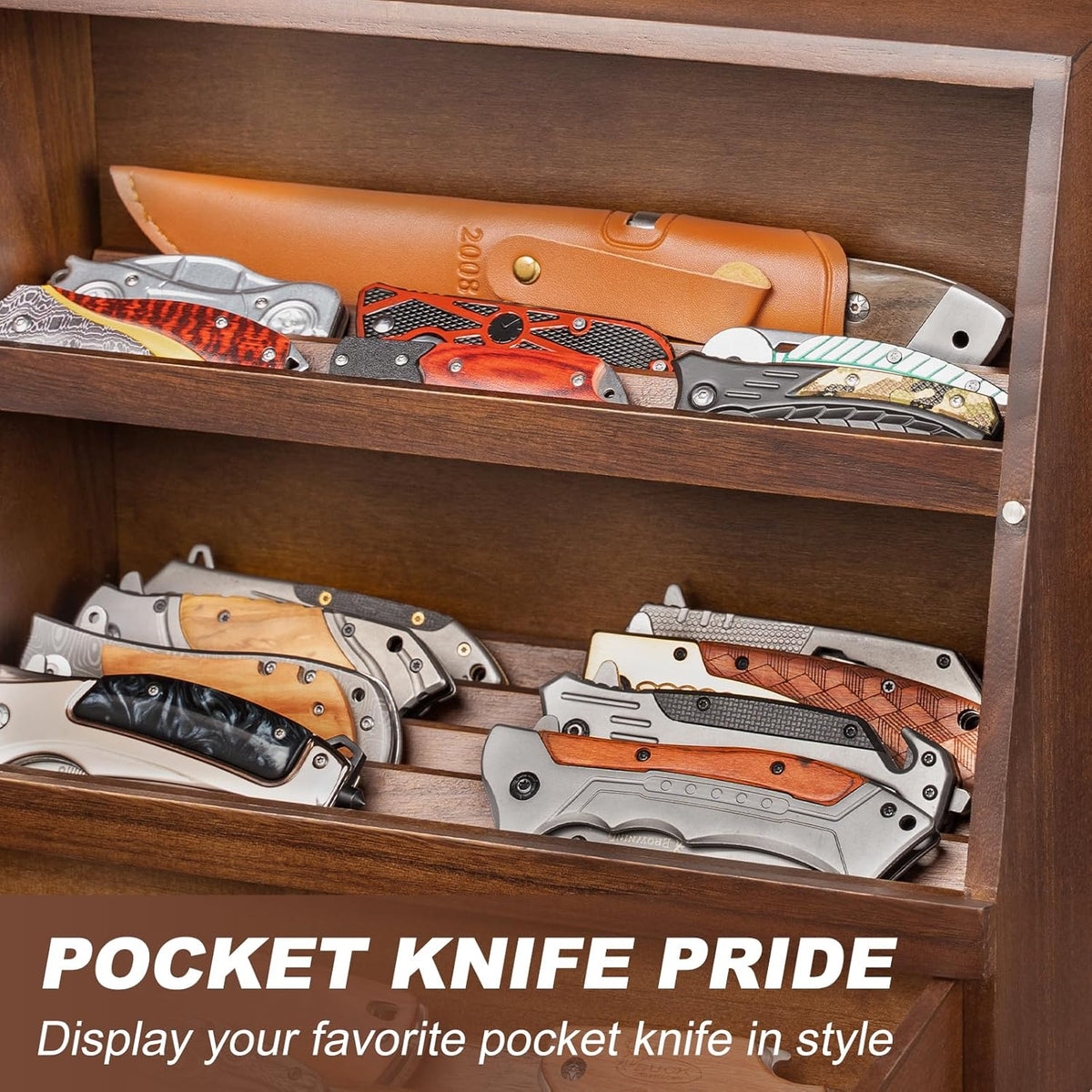 Pocket Knife Display Case for 22–30 Folding Knives, Drawer with Removable Display Shelf, Knife Organizer Storage Box, Gift for Men