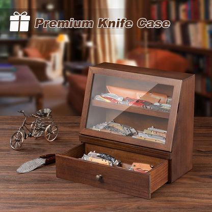Pocket Knife Display Case for 22–30 Folding Knives, Drawer with Removable Display Shelf, Knife Organizer Storage Box, Gift for Men