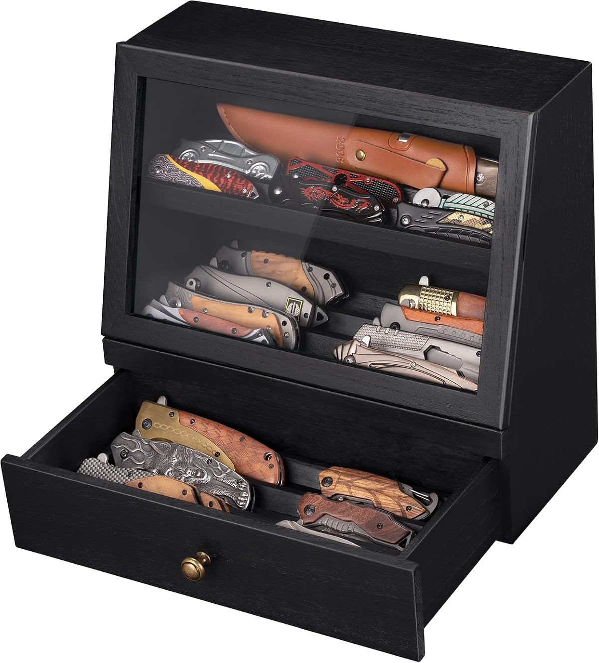 Pocket Knife Display Case for 22–30 Folding Knives, Drawer with Removable Display Shelf, Knife Organizer Storage Box, Gift for Men