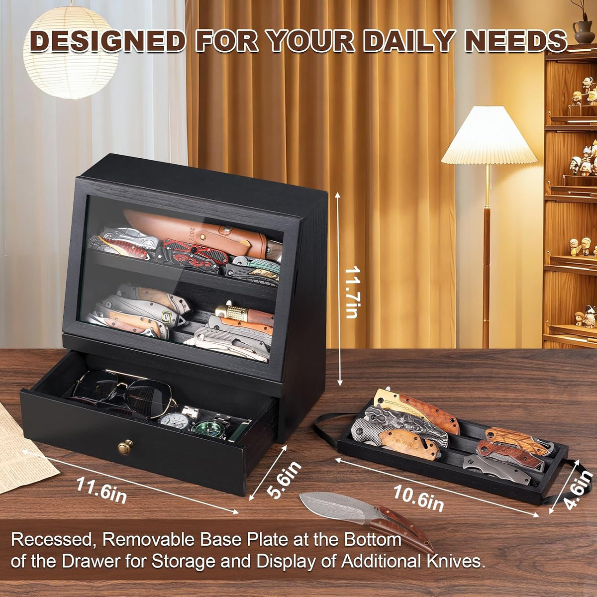 Pocket Knife Display Case for 22–30 Folding Knives, Drawer with Removable Display Shelf, Knife Organizer Storage Box, Gift for Men