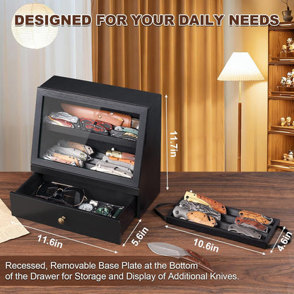 Pocket Knife Display Case for 22–30 Folding Knives, Drawer with Removable Display Shelf, Knife Organizer Storage Box, Gift for Men