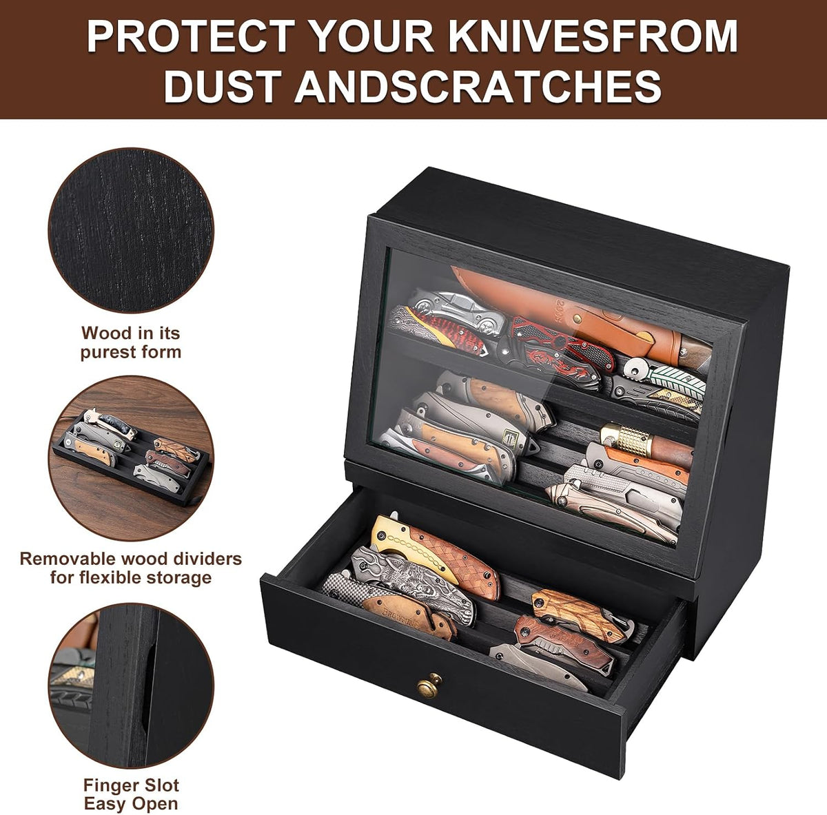 Pocket Knife Display Case for 22–30 Folding Knives, Drawer with Removable Display Shelf, Knife Organizer Storage Box, Gift for Men