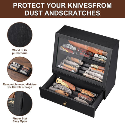 Pocket Knife Display Case for 22–30 Folding Knives, Drawer with Removable Display Shelf, Knife Organizer Storage Box, Gift for Men