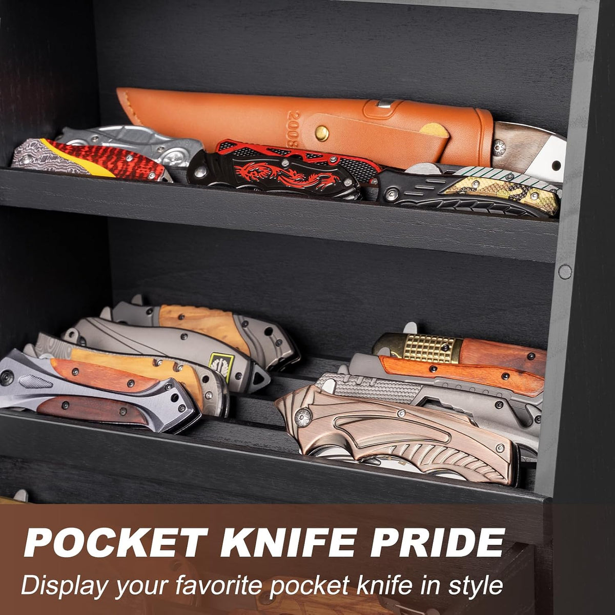 Pocket Knife Display Case for 22–30 Folding Knives, Drawer with Removable Display Shelf, Knife Organizer Storage Box, Gift for Men