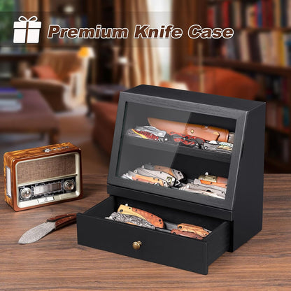 Pocket Knife Display Case for 22–30 Folding Knives, Drawer with Removable Display Shelf, Knife Organizer Storage Box, Gift for Men