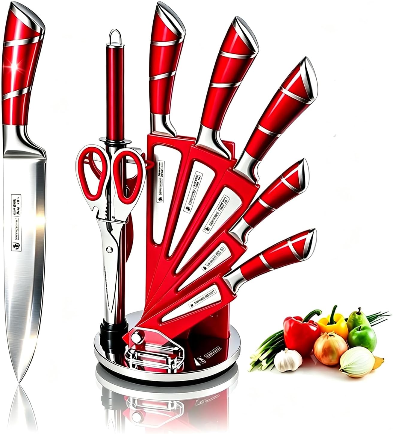 9Pcs Premium Red Kitchen Knife Set with Block,Cutlery Set for Women Gift | High Carbon Stainless Steel Chef Knives,Sharp,Non Stick,Anti-Rust Ergonomic Handle,Acrylic Holder,Easy Care