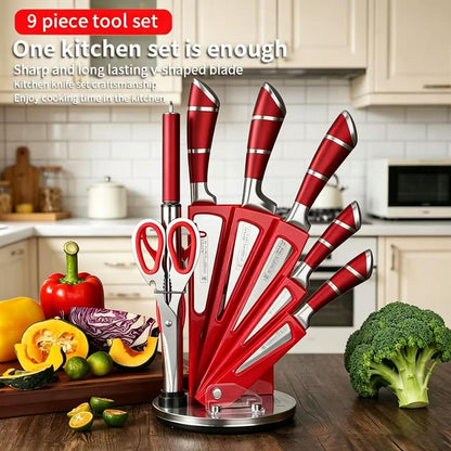 9Pcs Premium Red Kitchen Knife Set with Block,Cutlery Set for Women Gift | High Carbon Stainless Steel Chef Knives,Sharp,Non Stick,Anti-Rust Ergonomic Handle,Acrylic Holder,Easy Care