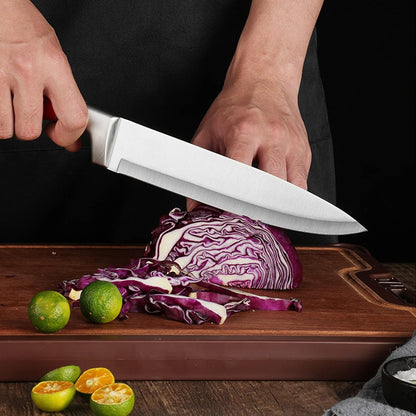 9Pcs Premium Red Kitchen Knife Set with Block,Cutlery Set for Women Gift | High Carbon Stainless Steel Chef Knives,Sharp,Non Stick,Anti-Rust Ergonomic Handle,Acrylic Holder,Easy Care