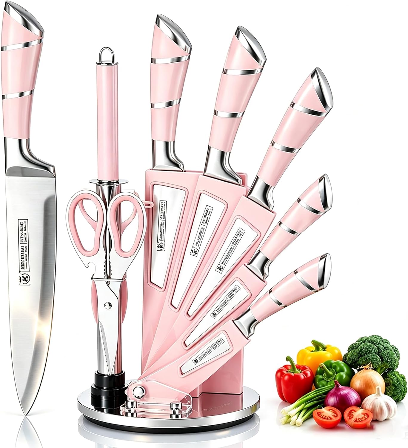 9Pcs Premium Red Kitchen Knife Set with Block,Cutlery Set for Women Gift | High Carbon Stainless Steel Chef Knives,Sharp,Non Stick,Anti-Rust Ergonomic Handle,Acrylic Holder,Easy Care