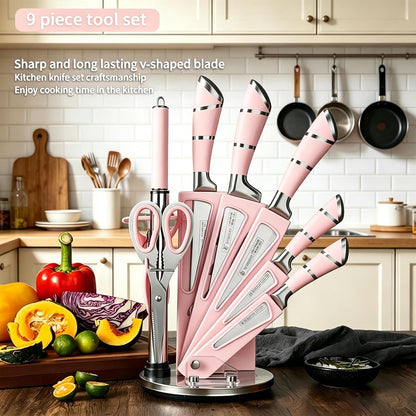 9Pcs Premium Red Kitchen Knife Set with Block,Cutlery Set for Women Gift | High Carbon Stainless Steel Chef Knives,Sharp,Non Stick,Anti-Rust Ergonomic Handle,Acrylic Holder,Easy Care