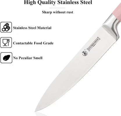 9Pcs Premium Red Kitchen Knife Set with Block,Cutlery Set for Women Gift | High Carbon Stainless Steel Chef Knives,Sharp,Non Stick,Anti-Rust Ergonomic Handle,Acrylic Holder,Easy Care
