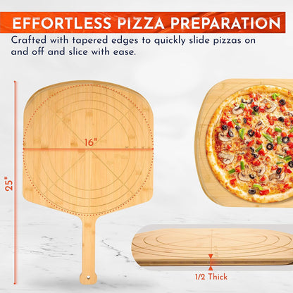 Wooden Pizza Peel 16 Inch Board with Engraved Sizes - Multi-Purpose Bamboo Pizza Cutting Board, Wood Pizza Peel, Pizza Spatula Paddle, and Serving Board with Size and Cutting Guide