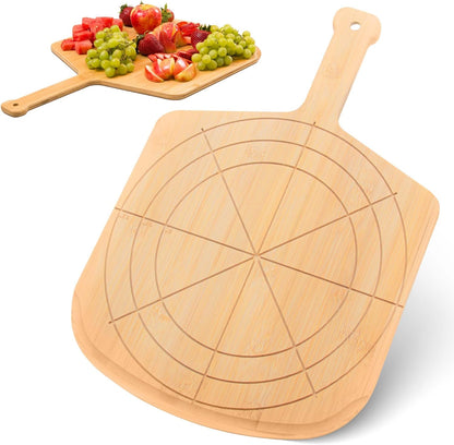 Wooden Pizza Peel 16 Inch Board with Engraved Sizes - Multi-Purpose Bamboo Pizza Cutting Board, Wood Pizza Peel, Pizza Spatula Paddle, and Serving Board with Size and Cutting Guide