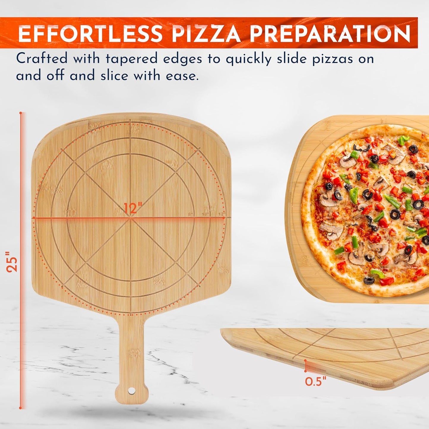 Wooden Pizza Peel 16 Inch Board with Engraved Sizes - Multi-Purpose Bamboo Pizza Cutting Board, Wood Pizza Peel, Pizza Spatula Paddle, and Serving Board with Size and Cutting Guide