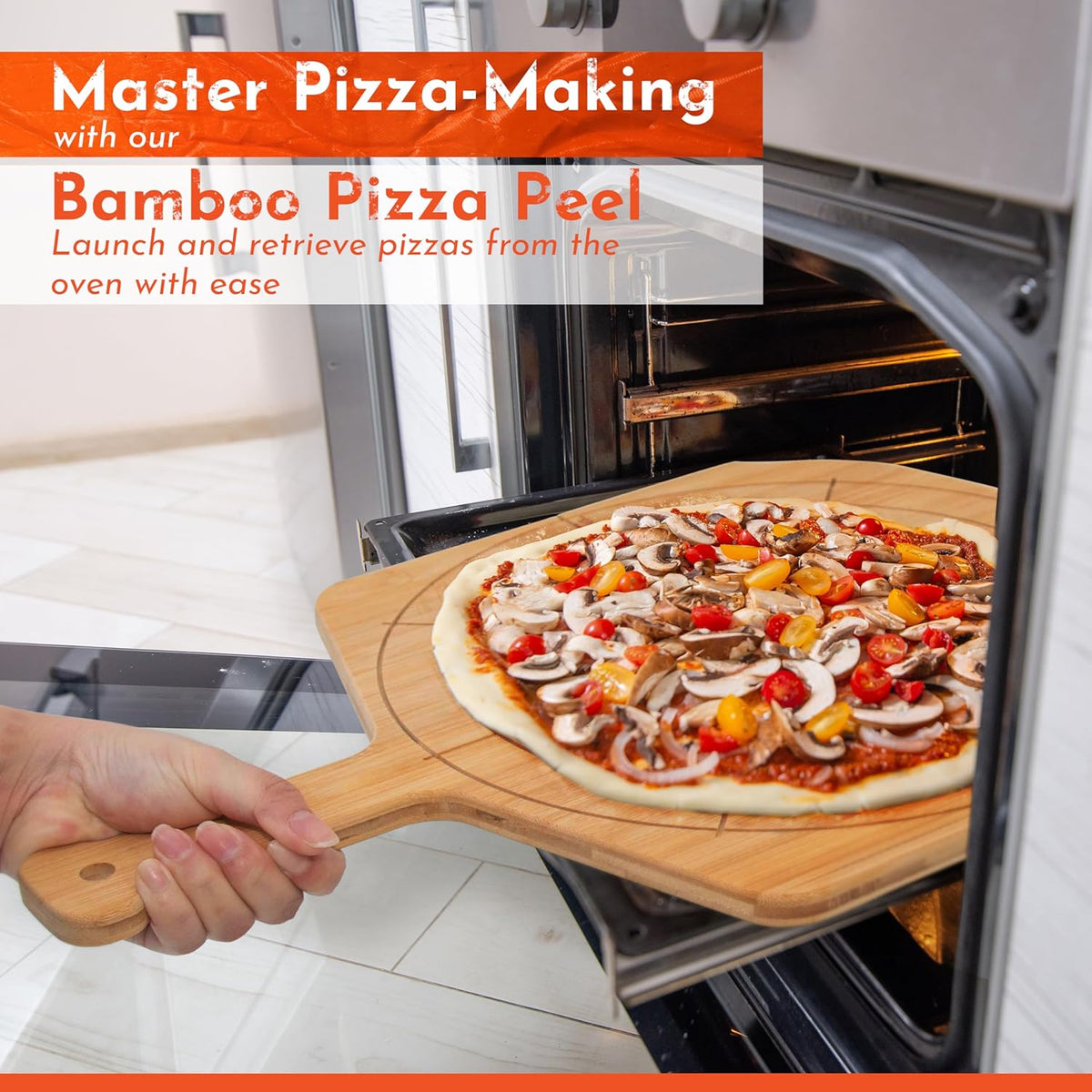 Wooden Pizza Peel 16 Inch Board with Engraved Sizes - Multi-Purpose Bamboo Pizza Cutting Board, Wood Pizza Peel, Pizza Spatula Paddle, and Serving Board with Size and Cutting Guide