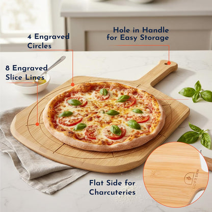 Wooden Pizza Peel 16 Inch Board with Engraved Sizes - Multi-Purpose Bamboo Pizza Cutting Board, Wood Pizza Peel, Pizza Spatula Paddle, and Serving Board with Size and Cutting Guide