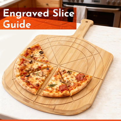 Wooden Pizza Peel 16 Inch Board with Engraved Sizes - Multi-Purpose Bamboo Pizza Cutting Board, Wood Pizza Peel, Pizza Spatula Paddle, and Serving Board with Size and Cutting Guide