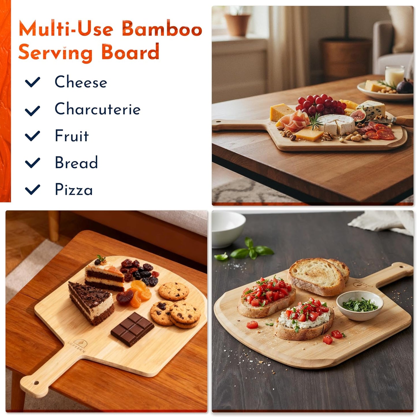 Wooden Pizza Peel 16 Inch Board with Engraved Sizes - Multi-Purpose Bamboo Pizza Cutting Board, Wood Pizza Peel, Pizza Spatula Paddle, and Serving Board with Size and Cutting Guide