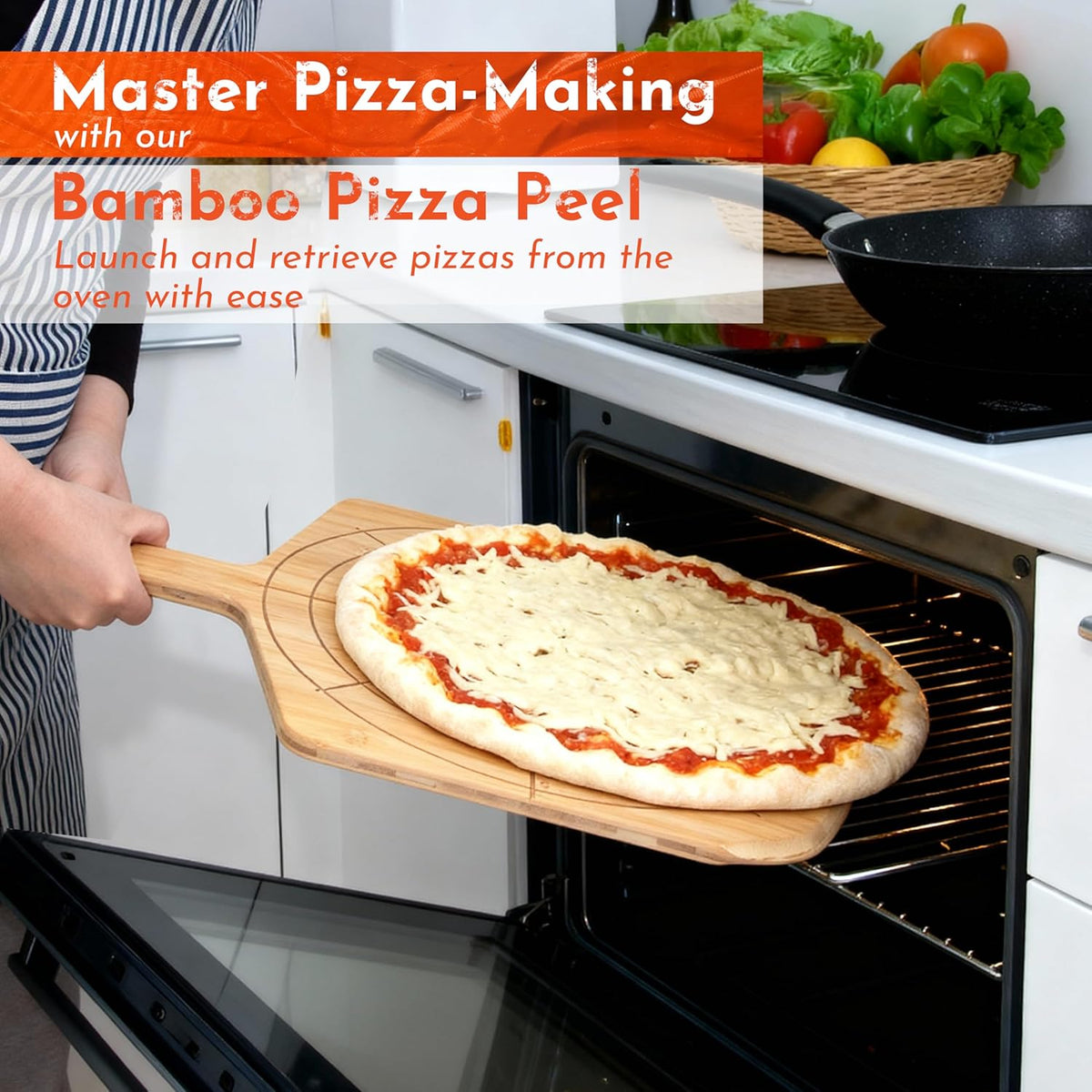Wooden Pizza Peel 16 Inch Board with Engraved Sizes - Multi-Purpose Bamboo Pizza Cutting Board, Wood Pizza Peel, Pizza Spatula Paddle, and Serving Board with Size and Cutting Guide
