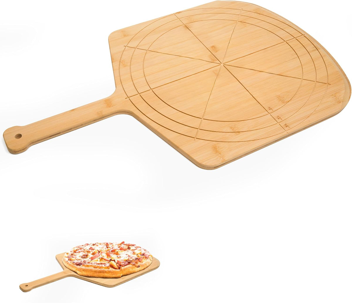 Wooden Pizza Peel 16 Inch Board with Engraved Sizes - Multi-Purpose Bamboo Pizza Cutting Board, Wood Pizza Peel, Pizza Spatula Paddle, and Serving Board with Size and Cutting Guide
