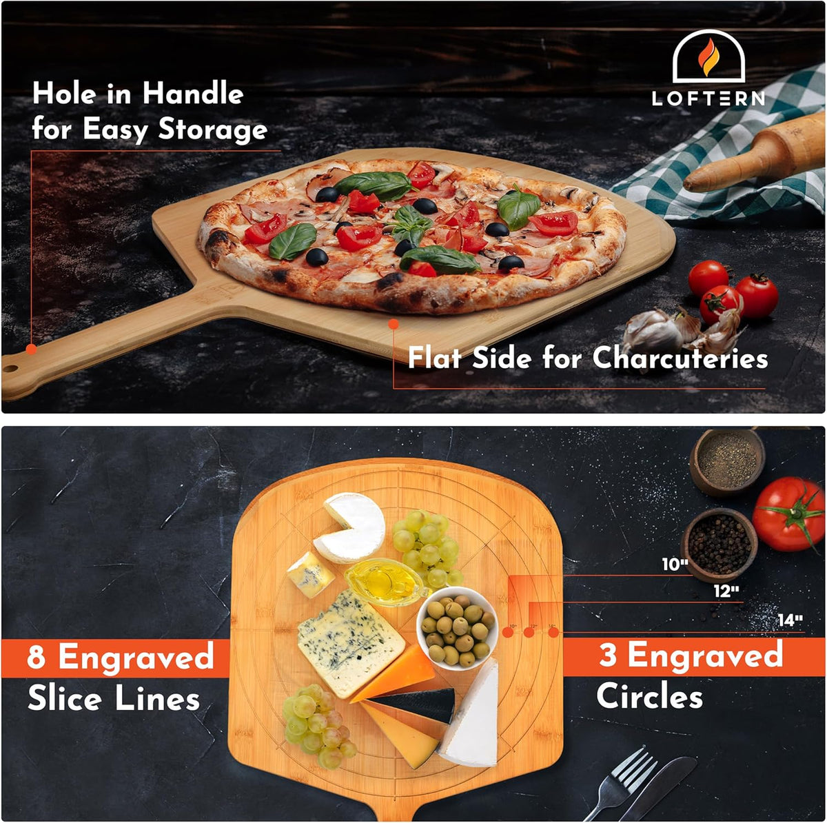 Wooden Pizza Peel 16 Inch Board with Engraved Sizes - Multi-Purpose Bamboo Pizza Cutting Board, Wood Pizza Peel, Pizza Spatula Paddle, and Serving Board with Size and Cutting Guide