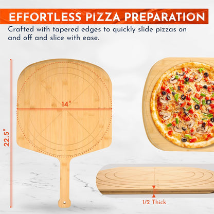 Wooden Pizza Peel 16 Inch Board with Engraved Sizes - Multi-Purpose Bamboo Pizza Cutting Board, Wood Pizza Peel, Pizza Spatula Paddle, and Serving Board with Size and Cutting Guide