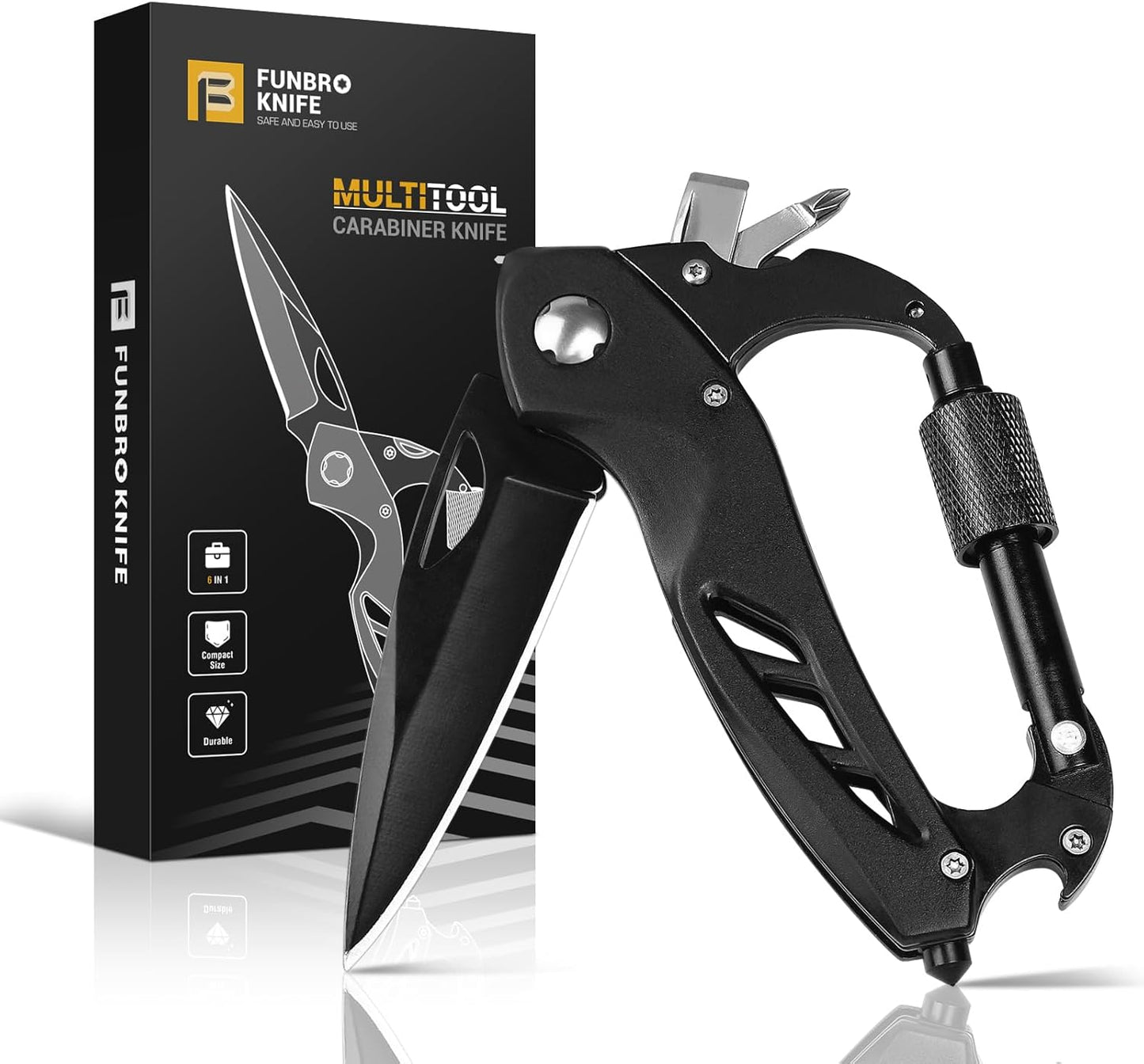 Multitool Carabiner with Pocket Knife, Bottle Opener | Stocking Stuffers Gifts for Men, EDC Carabiners with Folding Knives, Window Breaker and Screwdriver, Gear for Camping Hiking