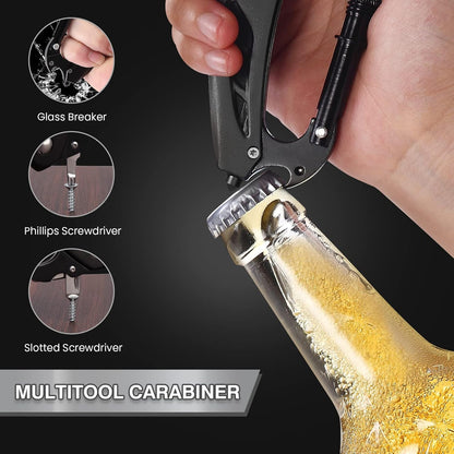 Multitool Carabiner with Pocket Knife, Bottle Opener | Stocking Stuffers Gifts for Men, EDC Carabiners with Folding Knives, Window Breaker and Screwdriver, Gear for Camping Hiking