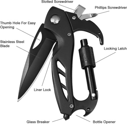 Multitool Carabiner with Pocket Knife, Bottle Opener | Stocking Stuffers Gifts for Men, EDC Carabiners with Folding Knives, Window Breaker and Screwdriver, Gear for Camping Hiking
