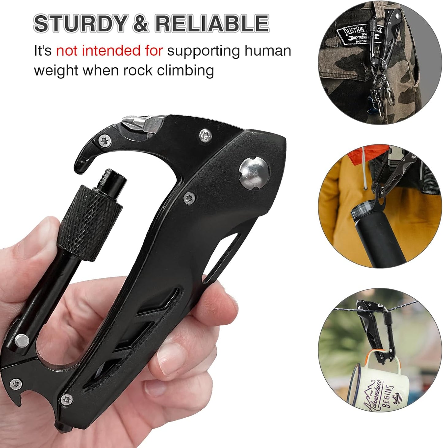 Multitool Carabiner with Pocket Knife, Bottle Opener | Stocking Stuffers Gifts for Men, EDC Carabiners with Folding Knives, Window Breaker and Screwdriver, Gear for Camping Hiking