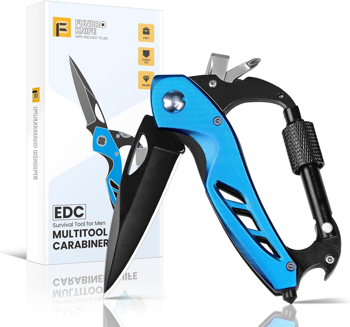 Multitool Carabiner with Pocket Knife, Bottle Opener | Stocking Stuffers Gifts for Men, EDC Carabiners with Folding Knives, Window Breaker and Screwdriver, Gear for Camping Hiking