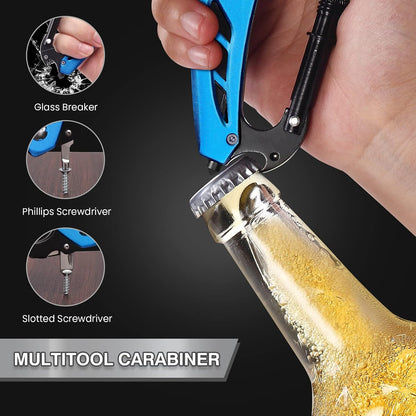 Multitool Carabiner with Pocket Knife, Bottle Opener | Stocking Stuffers Gifts for Men, EDC Carabiners with Folding Knives, Window Breaker and Screwdriver, Gear for Camping Hiking