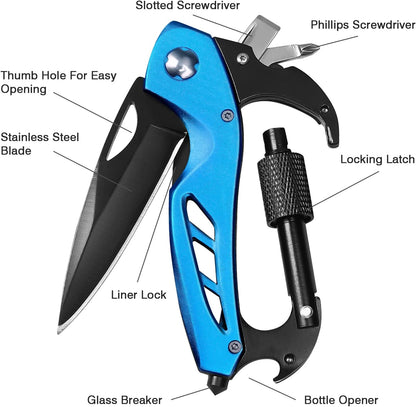 Multitool Carabiner with Pocket Knife, Bottle Opener | Stocking Stuffers Gifts for Men, EDC Carabiners with Folding Knives, Window Breaker and Screwdriver, Gear for Camping Hiking