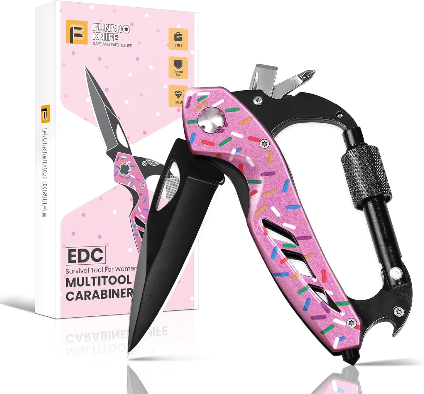 Multitool Carabiner with Pocket Knife, Bottle Opener | Stocking Stuffers Gifts for Men, EDC Carabiners with Folding Knives, Window Breaker and Screwdriver, Gear for Camping Hiking