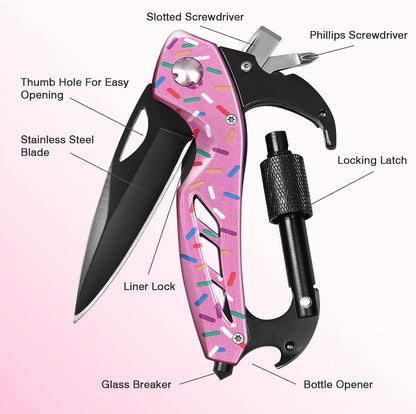Multitool Carabiner with Pocket Knife, Bottle Opener | Stocking Stuffers Gifts for Men, EDC Carabiners with Folding Knives, Window Breaker and Screwdriver, Gear for Camping Hiking
