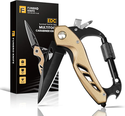 Multitool Carabiner with Pocket Knife, Bottle Opener | Stocking Stuffers Gifts for Men, EDC Carabiners with Folding Knives, Window Breaker and Screwdriver, Gear for Camping Hiking