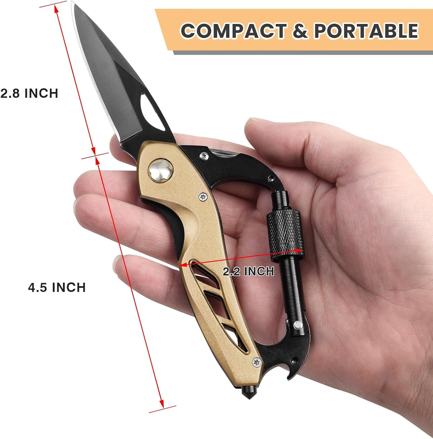 Multitool Carabiner with Pocket Knife, Bottle Opener | Stocking Stuffers Gifts for Men, EDC Carabiners with Folding Knives, Window Breaker and Screwdriver, Gear for Camping Hiking