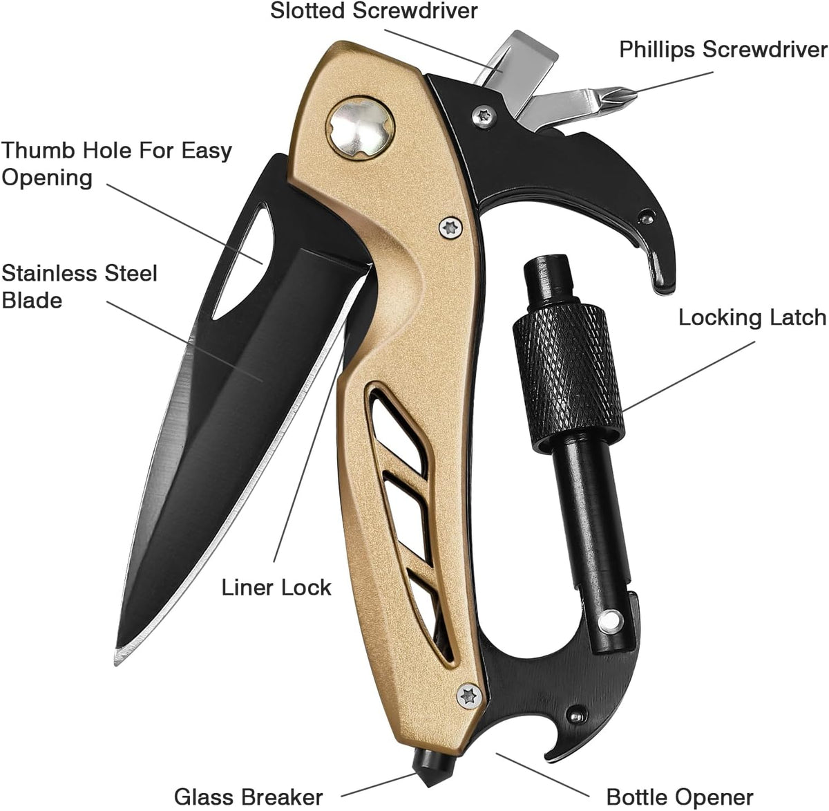 Multitool Carabiner with Pocket Knife, Bottle Opener | Stocking Stuffers Gifts for Men, EDC Carabiners with Folding Knives, Window Breaker and Screwdriver, Gear for Camping Hiking