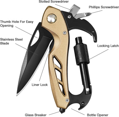 Multitool Carabiner with Pocket Knife, Bottle Opener | Stocking Stuffers Gifts for Men, EDC Carabiners with Folding Knives, Window Breaker and Screwdriver, Gear for Camping Hiking