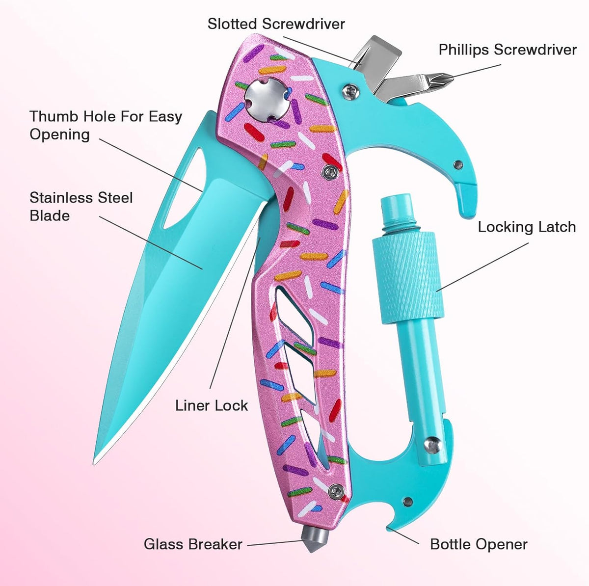 Multitool Carabiner with Pocket Knife, Bottle Opener | Stocking Stuffers Gifts for Men, EDC Carabiners with Folding Knives, Window Breaker and Screwdriver, Gear for Camping Hiking