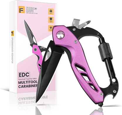 Multitool Carabiner with Pocket Knife, Bottle Opener | Stocking Stuffers Gifts for Men, EDC Carabiners with Folding Knives, Window Breaker and Screwdriver, Gear for Camping Hiking